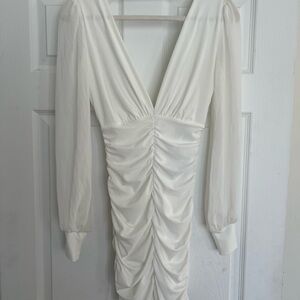 Windsor Elegant White Ruched Long Sleeve Mini Dress